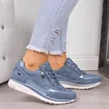 Detail view of blue rhinestone casual platform sneakers with side zipper closure - 35 / Blue