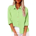 Detalle de camisa de algodón y lino verde lima con bolsillo y abertura lateral femenina - Verde amarillento