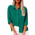 Vista detallada de una camisa casual de lino verde para mujer con botones y bolsillo - Verde Oscuro