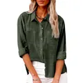 Detailed view of olive green cotton linen shirt featuring double front pockets and slit hem - S / Tops / Army Green