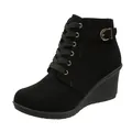 Side profile detail of black faux suede wedge boot with gold buckle and laces - 35 / Black
