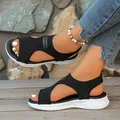Close-up of black breathable knitted wedge sandals with hollow fish-mouth design on model's feet - 36 / Black