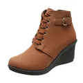 Side profile of a brown wedge ankle boot with lace-up and buckle detail for women. - 35 / Brown