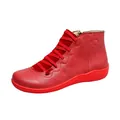 Close-up side view of bright red casual women's ankle boots featuring star embossing - 38 / Red