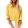 Detalle de camisa amarilla de lino y algodón de manga larga con bolsillo frontal - Amarillo