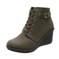 Side view detail of olive green wedge platform ankle boot with lace-up design - 35 / Green