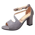 Grey suede-like peep-toe sandals featuring chunky block heel and gold ankle strap - 34 / Gray