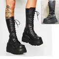 Women's black punk style platform high lace-up knight boots with side zipper - Black Lace-up