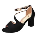 Elegant black chunky high-heel sandal with gold metal tube ankle strap decoration - 34 / Black