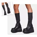 Stylish black women's platform mid-calf knight boots featuring a chunky wedge sole - Black Smooth Back Zip