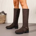 Detail view of dark brown suede knee-high knight boots with side zipper and buckle - 35 / Coffee