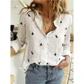 Lässiges weißes Leinenhemd für Damen mit schwarzem Vogel-Print und langen Ärmeln - 3XL / Oberteile / Weiß