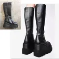 Black thick platform knee-high wedge boots, stylish gothic punk style boots for women - Black Side Zip