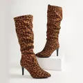 Detailed view of women's leopard print pleated high heel boots with pointed toe - 35 / Stiletto Slouchy Boots / Leopard Print