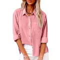 Vista detallada de camisa rosa de algodón y lino con bolsillo y abertura lateral - Rosa