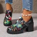 Elegant black platform loafers featuring colorful floral embroidery and chunky heels - 38 / Embroidered Chunky Heel Pumps / Floral Embroidery (Multi)