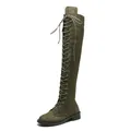 Fashionable women's lace-up over-the-knee flat boots in olive green suede finish - 34 / Green