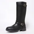 Side view of black faux leather knee-high knight boots with double buckle straps - 38 / Round Toe Black with Double Buckles
