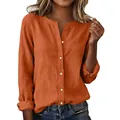 Detail of orange slub cotton women shirt with stand collar and button-down front - Orange Red