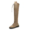 Women's stylish tan faux suede over-the-knee lace-up boots with flat black soles - 34 / Khaki