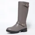 Stylish grey knee-high riding boots featuring decorative buckle straps and low black heels - 38 / Round Toe Grey with Double Buckles