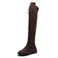 Stylish brown suede lace-up over-the-knee flat boots for women with side profile view - 34 / Dark Brown
