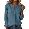 Detailed front view of a blue casual slub cotton shirt for women with a stand collar - Teal