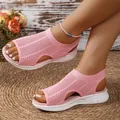 Women's pink breathable mesh wedge sandals featuring casual hollow-out fish mouth design - Pink