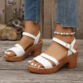 Close-up of women's white braided chunky heel sandals with ankle straps on model - 38 / Single Strap Style / White