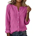 Detailed view of a woman wearing a casual pink slub cotton shirt with a stand-up collar - Rose Red