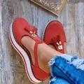 Stylish women's red tassel platform sandals featuring bohemian suede finish and thick soles - 34 / Red