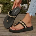 Close-up of black thong sandals showing intricate pearl and rhinestone beadwork details - 36 / Pearl Rhinestone Black