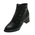 Detailed view of a black pointed toe ankle boot with side buttons and a chunky heel - 35 / 5-Buckle Style / Black