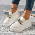 Breathable white knit platform sneakers with gold chain detail for women's casual wear - 36 / White