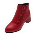 Detail view of red chunky heel ankle boot with pointed toe and side button accents - 35 / Red (5 Buttons)