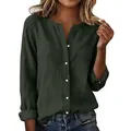 Dark green slub cotton long sleeve shirt for women with button-down collar detail. - Dark Gray