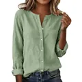 Casual sage green slub cotton V-neck button-down long sleeve shirt for women model view - Light Green