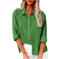 Camisa verde de manga larga en algodón y lino para mujer con bolsillo y detalle de abertura lateral - Verde Hierba