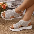 Comfortable women's beige mesh wedge sandals featuring platform sole and hollow peep toe - 36 / Khaki