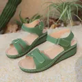 Green Roman-style wedge sandals for women with comfortable magic tape straps - Green