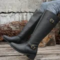 Classic black leather knee-high knight boots with low heel and buckle detail - 38 / Pointed Toe Black with Double Buckles