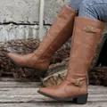 Classic tan brown faux leather knee-high rider boots with side buckle and low block heel - 38 / Double Buckle Pointed Yellow
