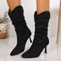 Elegant black faux suede slouchy high heel tall boots featuring a pointed toe and chic heel - 35 / Short Stiletto Black