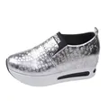 Side view detail of silver crocodile pattern platform sneaker with fashion elastic band - 35 / Silver