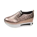 Side view of rose gold metallic crocodile pattern platform slip-on sneakers for women. - 35 / Gold