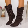 Close-up detail of dark brown suede mid-calf boots featuring slouchy design - 35 / Short Tube Stiletto / Coffee