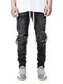 Stylish mens black distressed biker skinny jeans featuring long white drawstrings - S / Bottoms / Black