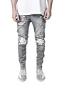 Close-up of mens grey skinny jeans featuring distressed ripped knee details and wash - S / Bottoms / Gray