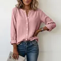 Casual pink slub cotton blouse for women featuring a V-neck and button closure - Pink
