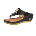 Elegantes sandalias de cuña negras para mujer con flor de perlas y detalle de logo B. - 35 / Estilo de Flor (888) / Negro